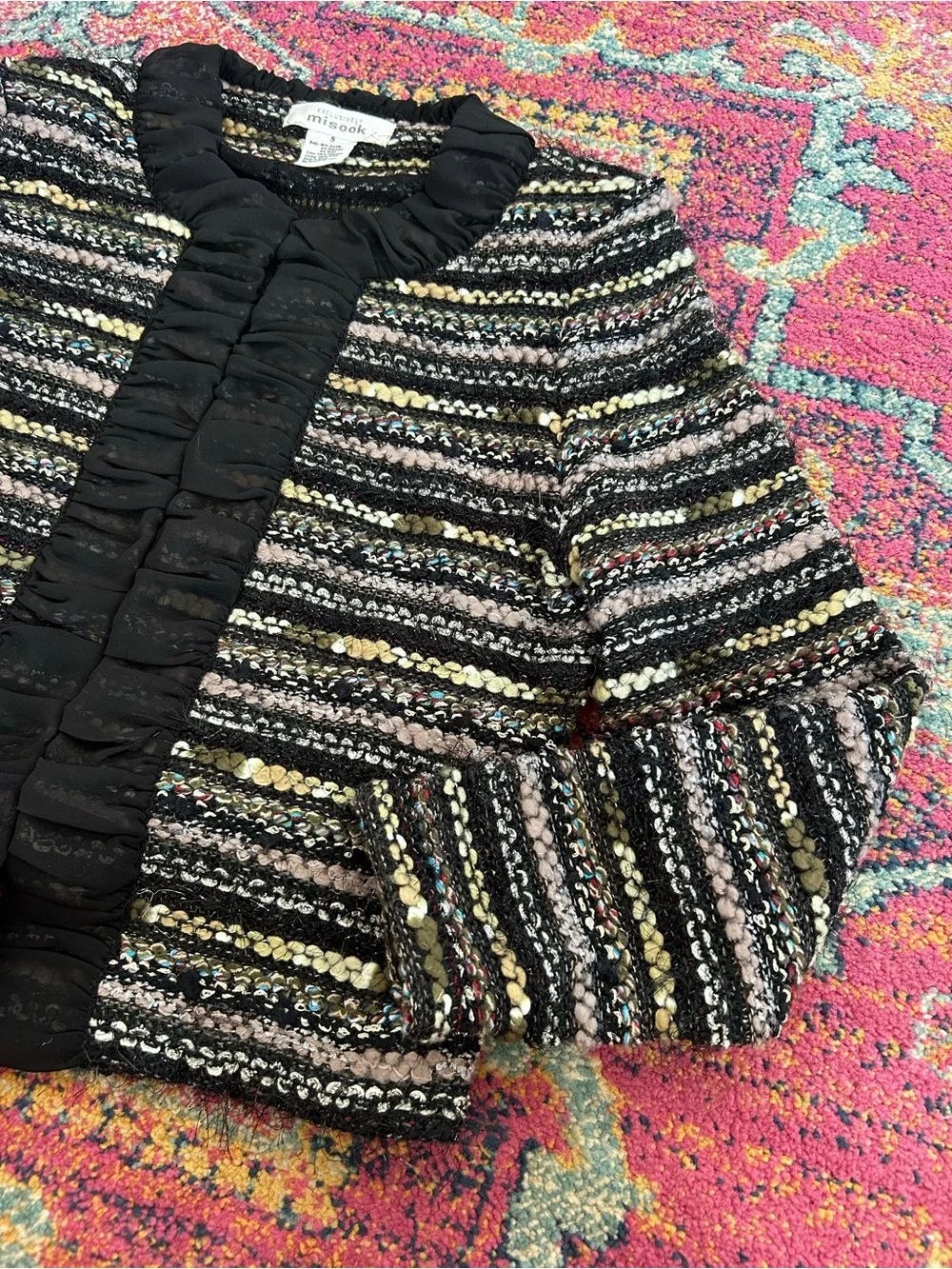 Misook | Women’s Black/Multi Knit Front Clasp Long Sleeve Collarless Blazer Sz S